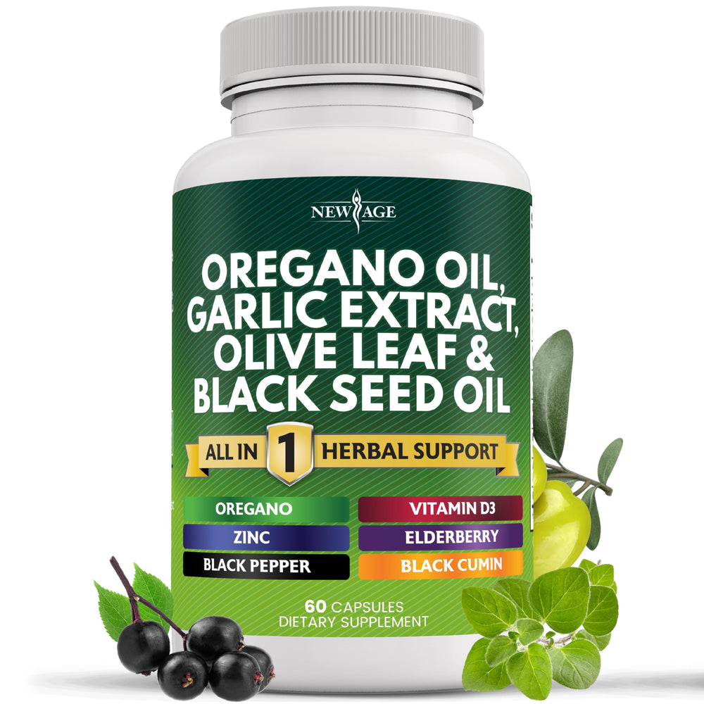 New Age oregano oil garlic extract olive leaf astragalus supplement bottle - front