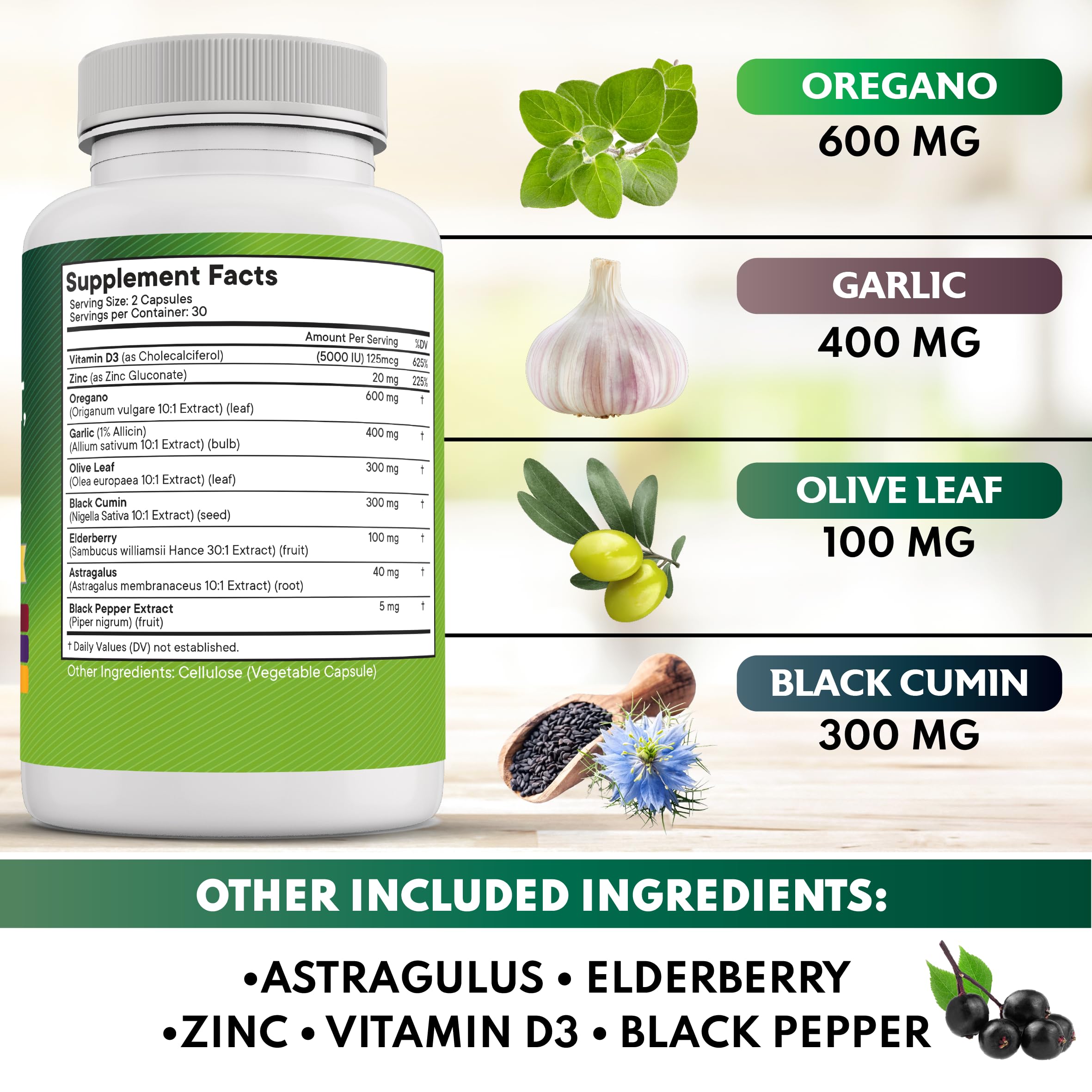 Capsules of oregano oil garlic extract olive leaf astragalus supplement