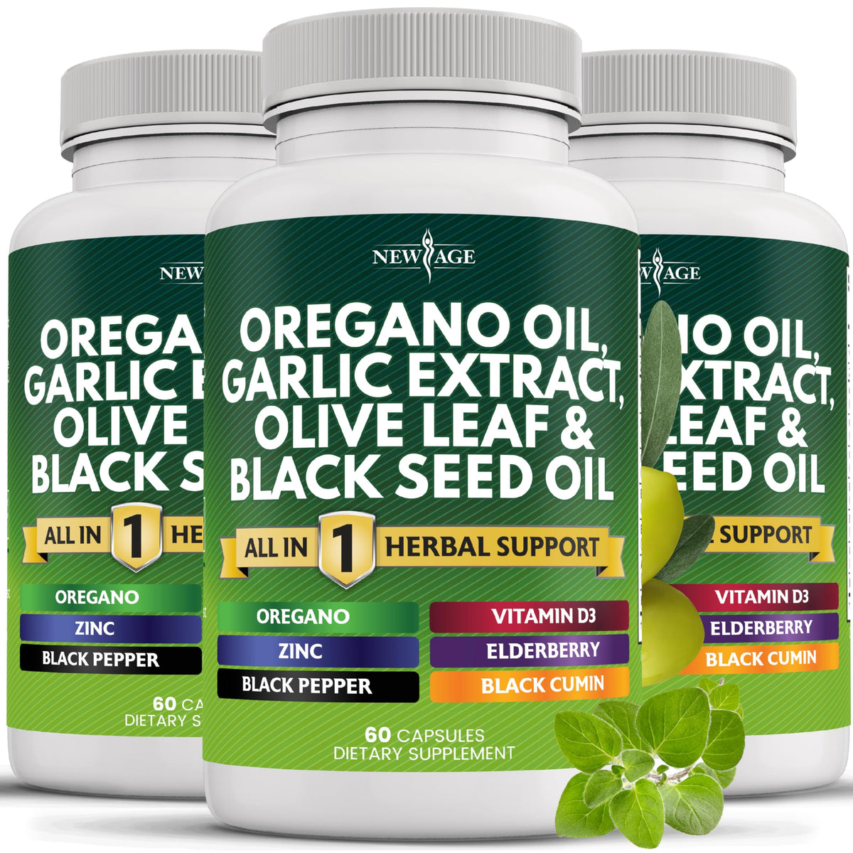 Product bottle of NEW AGE oregano oil garlic extract olive leaf with astragalus