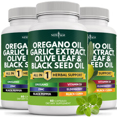 Product bottle of NEW AGE oregano oil garlic extract olive leaf with astragalus