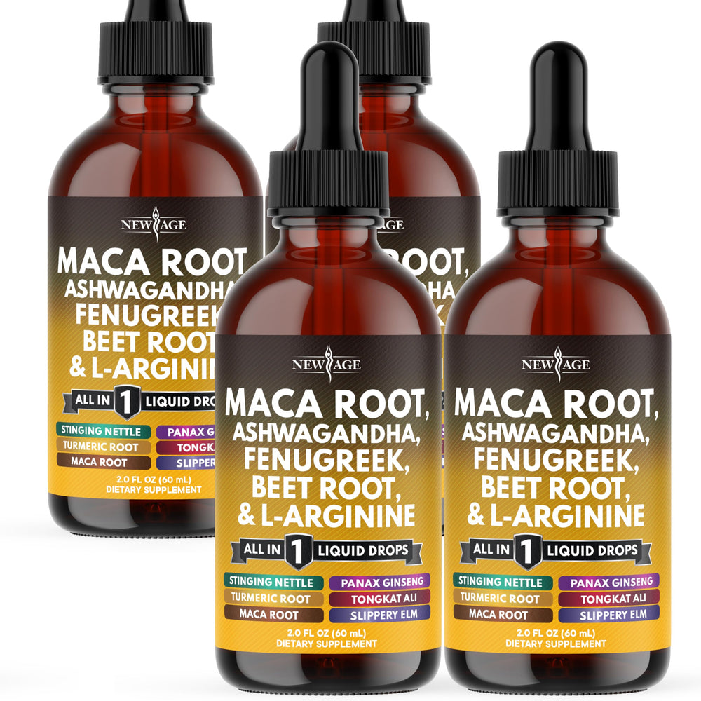 new age organic maca root drops bottle on countertop for daily vitality.