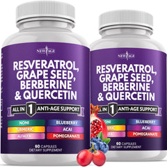 Front view of NEW AGE Resveratrol Berberine Grape Seed Quercetin Acai Noni NAC 120 capsules bottle