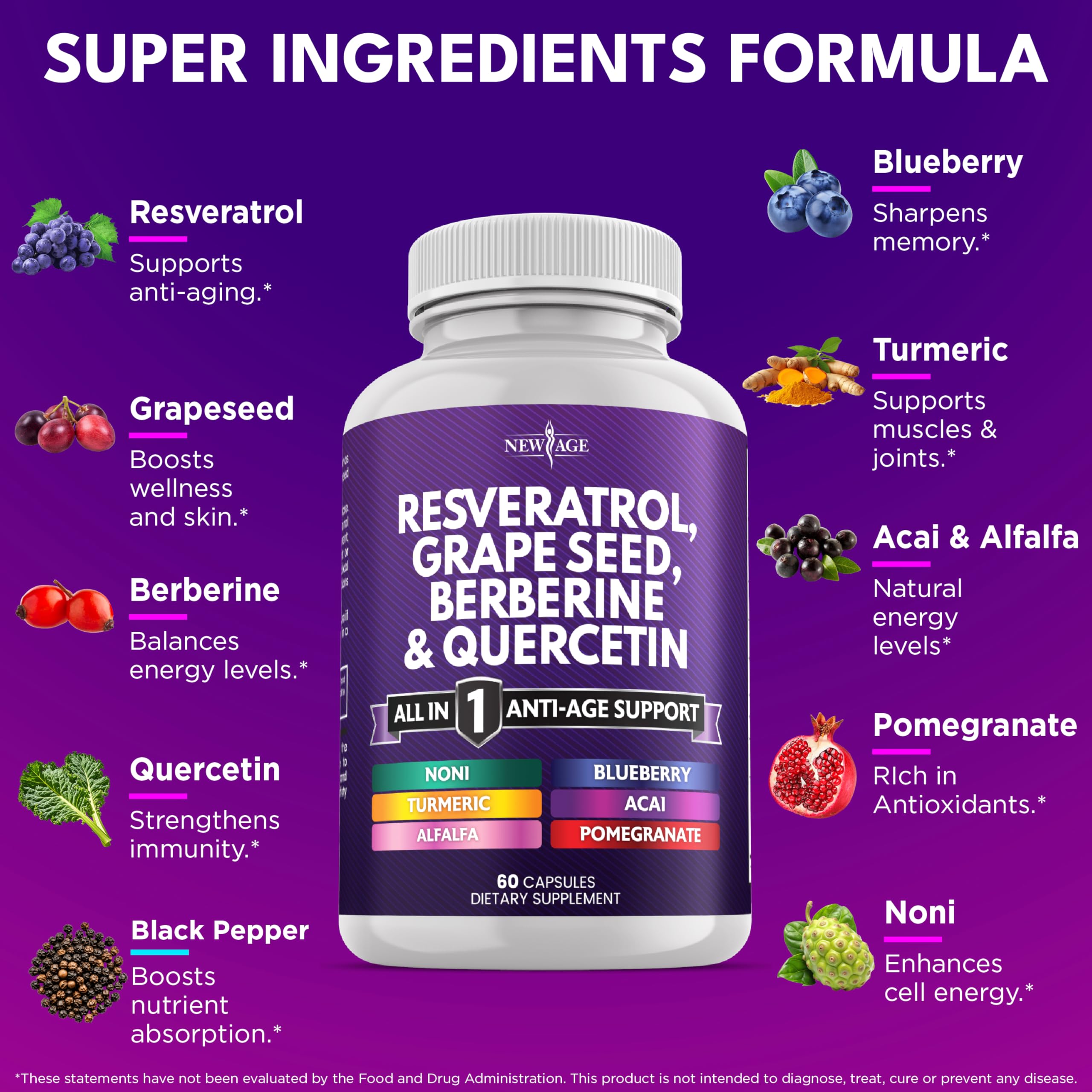 Label close-up showing key ingredients: Resveratrol, Berberine, Quercetin, Acai, Noni, NAC