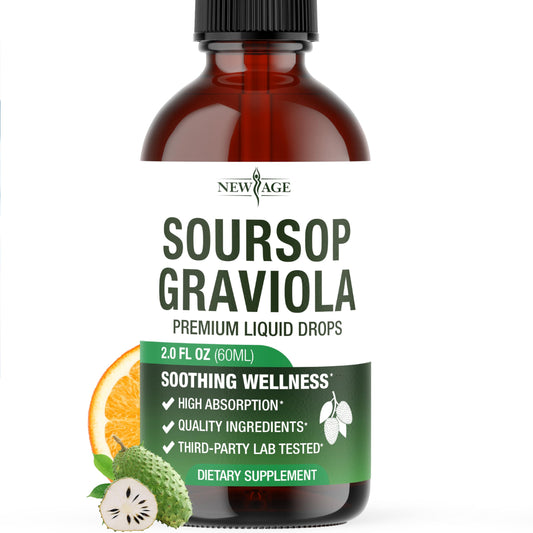 Bottle of NEW AGE Soursop Drops with soursop leaves and elderberries