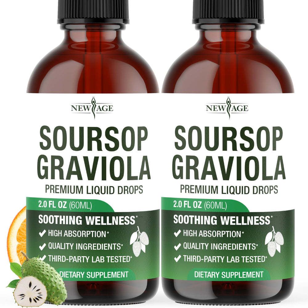 Bottle of NEW AGE Soursop Drops with guanabana leaves and elderberry in background