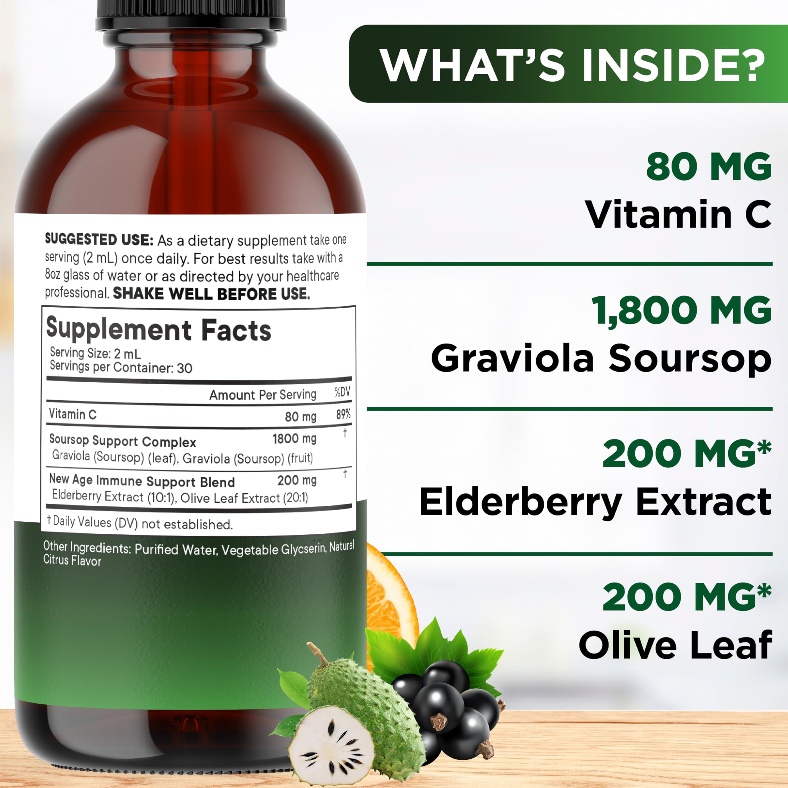 NEW AGE Soursop Drops label showing ingredients and 2 oz bottle