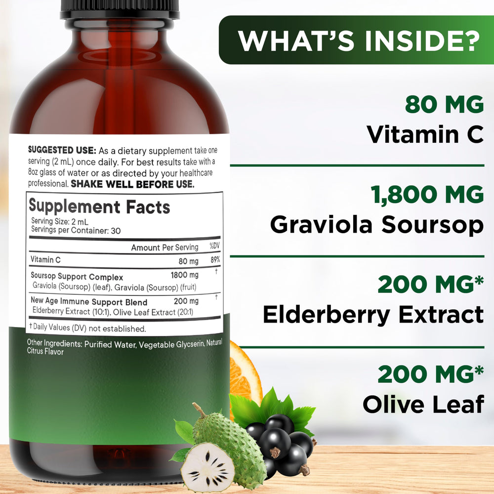 NEW AGE Soursop Drops label showing ingredients and 2 oz bottle