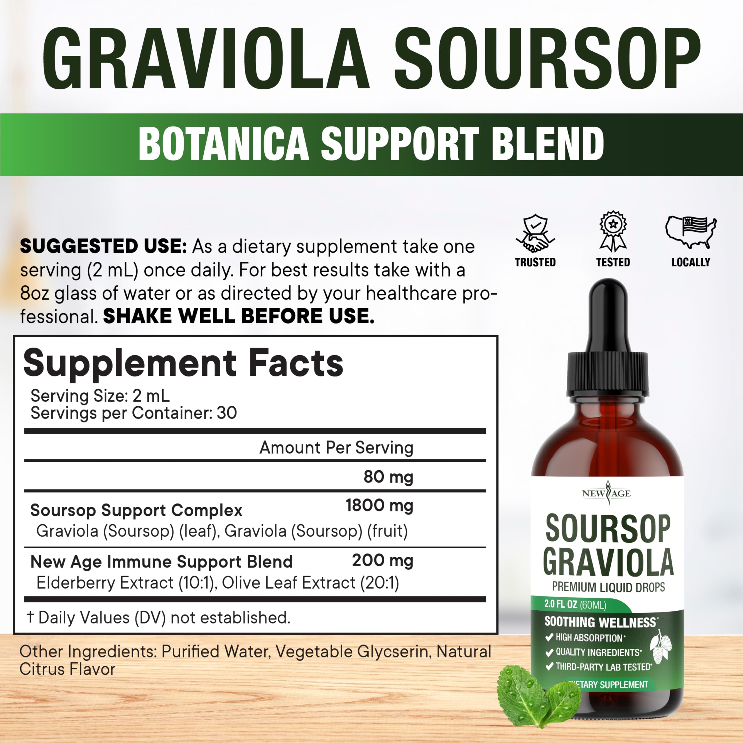 Assorted immune-support ingredients including soursop leaves, elderberry, and vitamin C
