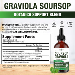 Assorted immune-support ingredients including soursop leaves, elderberry, and vitamin C