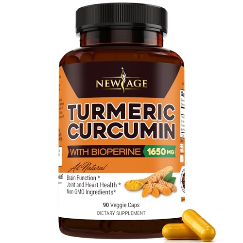 New Age Turmeric Curcumin with Bioperine bottle on a clean surface