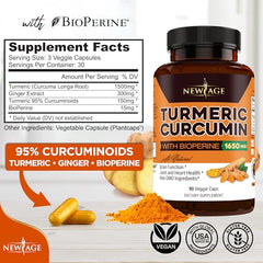 Close-up of label showing 95% curcuminoids and Bioperine per serving