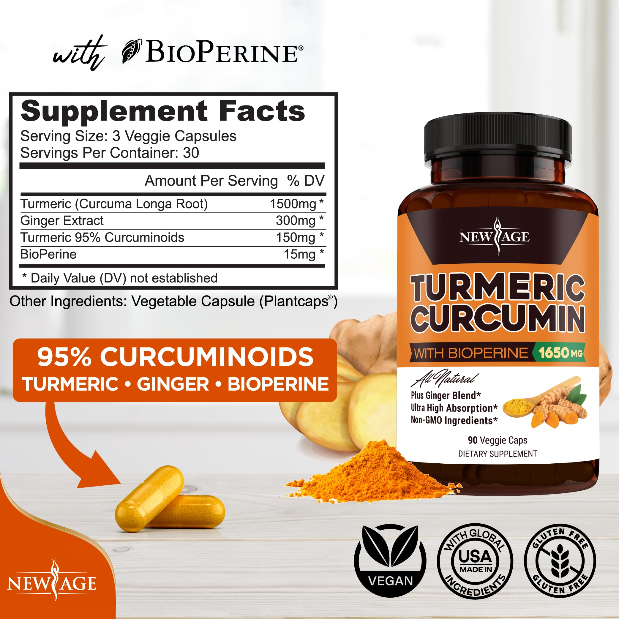 New Age Turmeric Curcumin Capsules bottle – back label