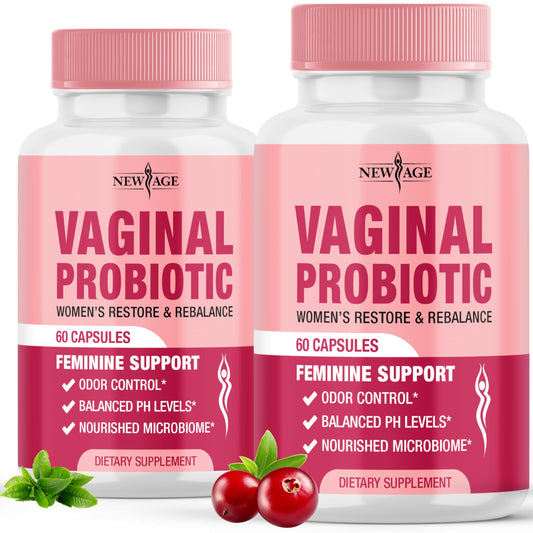 New Age Vaginal Probiotics bottle and capsules front view