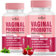 New Age Vaginal Probiotics bottle and capsules front view