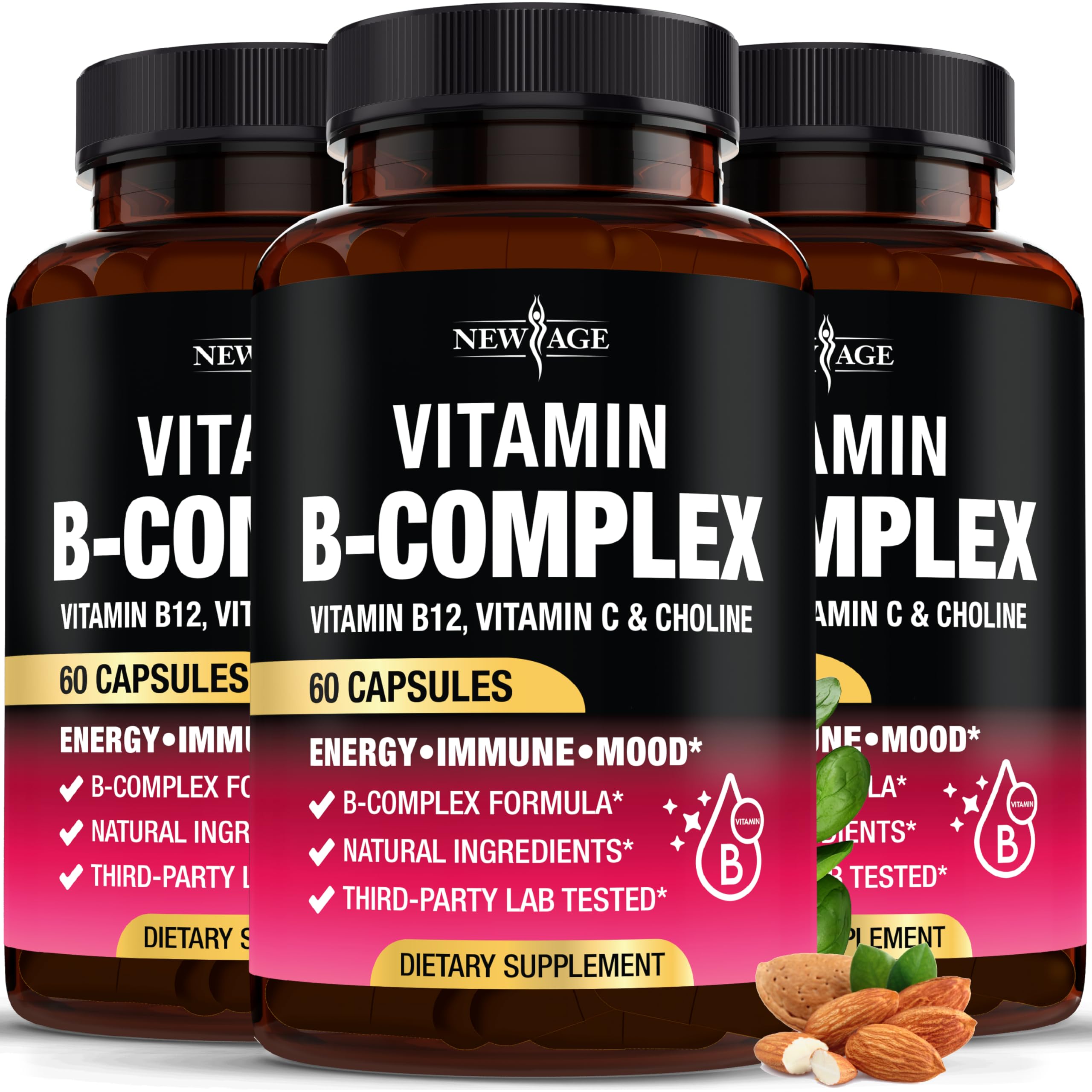 NEW AGE Vitamin B Complex bottle pour illustrating easy daily energy support