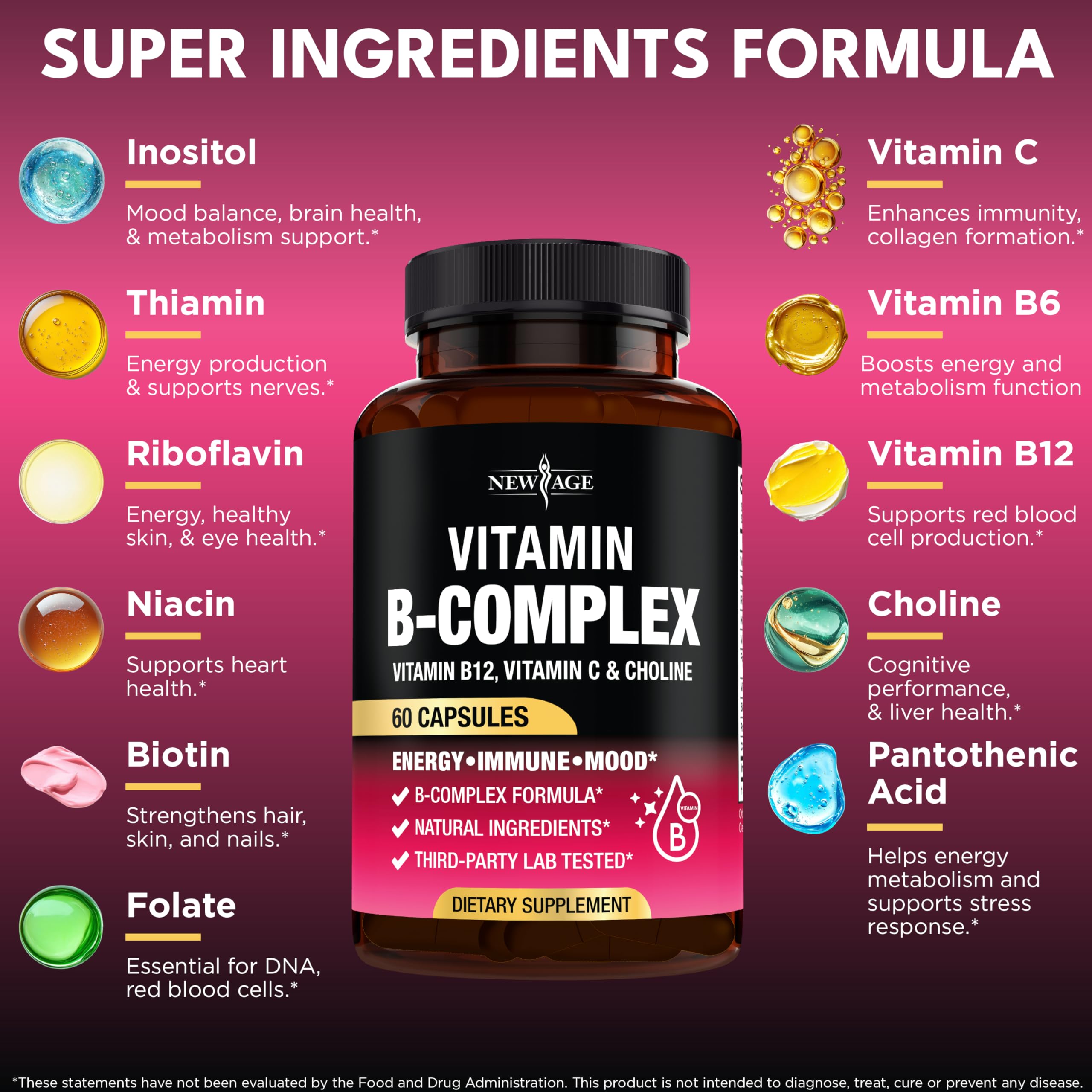 NEW AGE Vitamin B Complex capsules closeup highlighting vegan daily nutrition