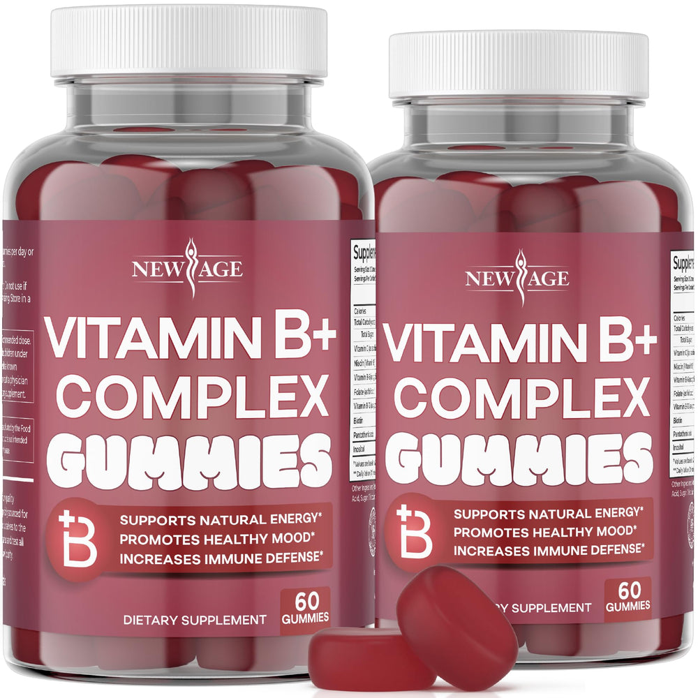 Front view of New Age Vitamin B Complex Gummies in berry flavor, USA-made, 120-count per pack (pack of 2)