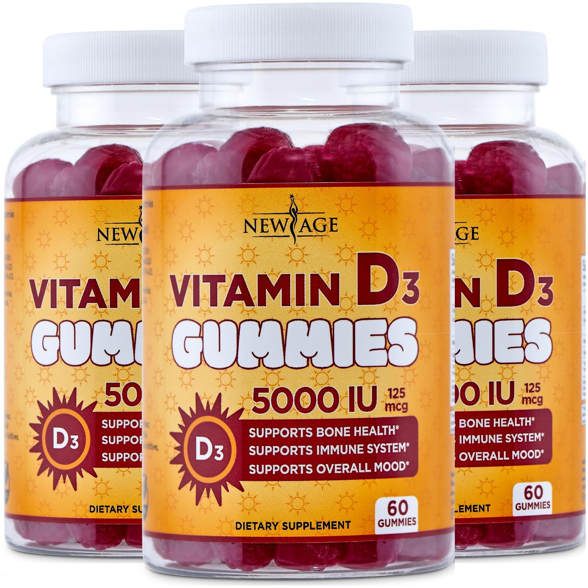 New Age Vitamin D3 5000 IU Gummies bottle front with 180 count