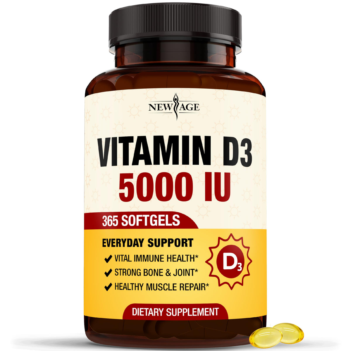 New Age Vitamin D3 5000 IU softgels bottle, 360-count