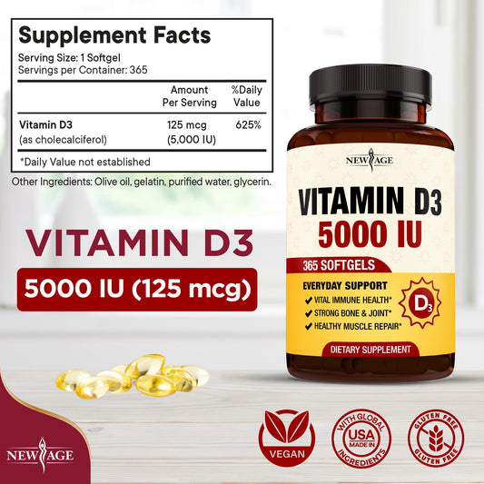 Close-up of New Age Vitamin D3 5000 IU softgels