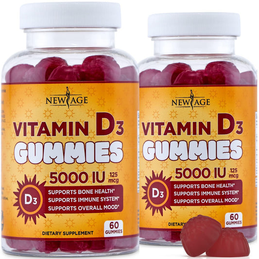 Front view of New Age Vitamin D3 5000 IU Gummies bottle