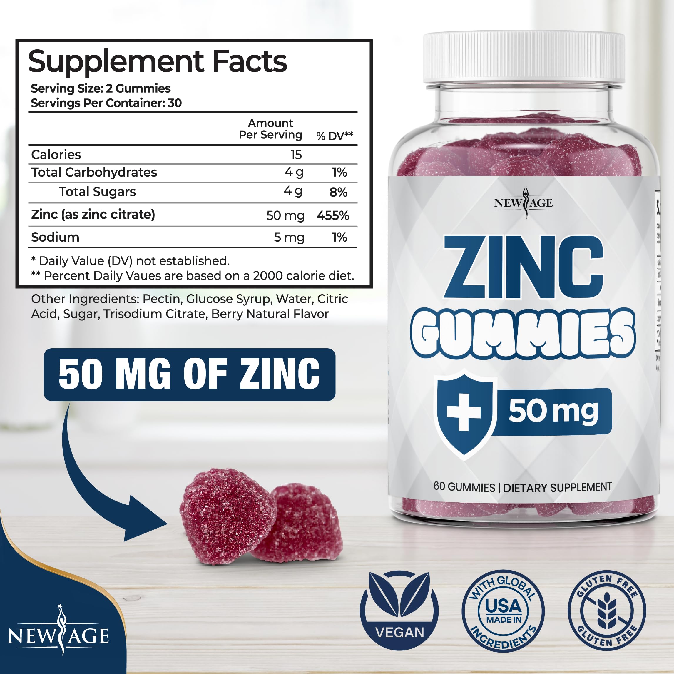 Back of New Age Zinc Gummies bottle showing supplement facts