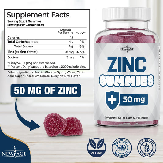 Back of New Age Zinc Gummies bottle showing supplement facts