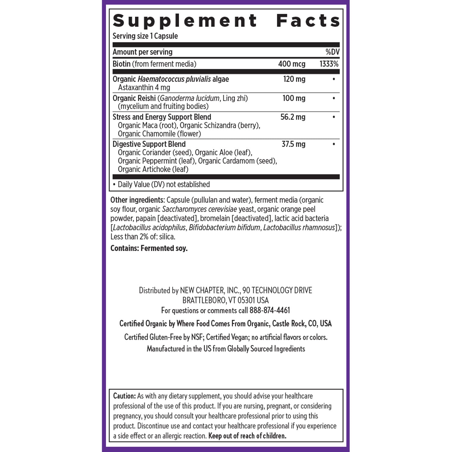Packaging showing Organic Algae and Non-GMO certifications