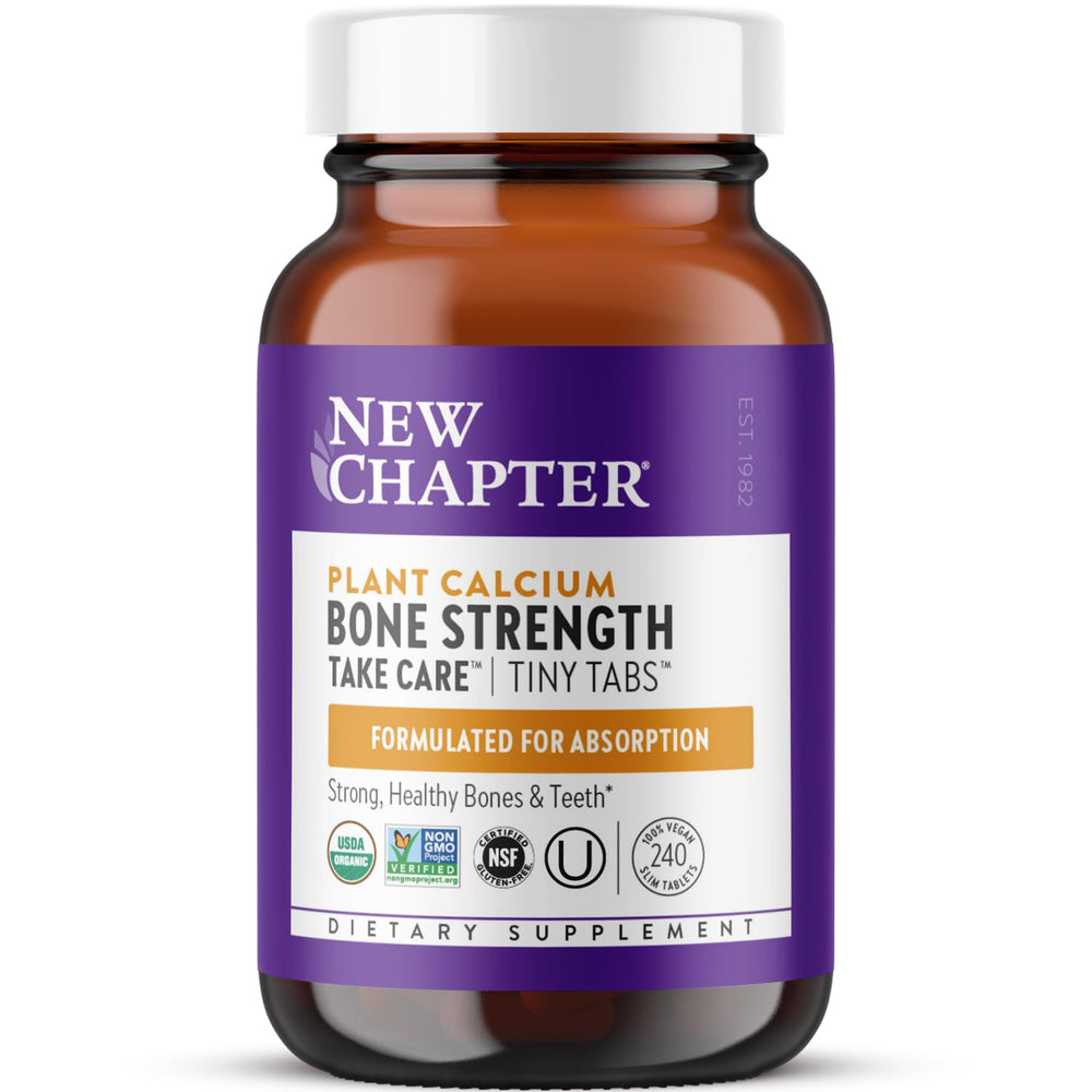 New Chapter calcium supplement bottle promoting bone support and joint health.