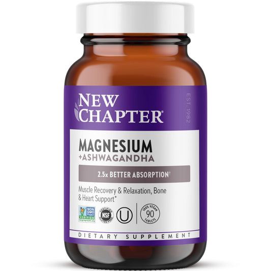 New Chapter Magnesium + Ashwagandha 90-count bottle on white background