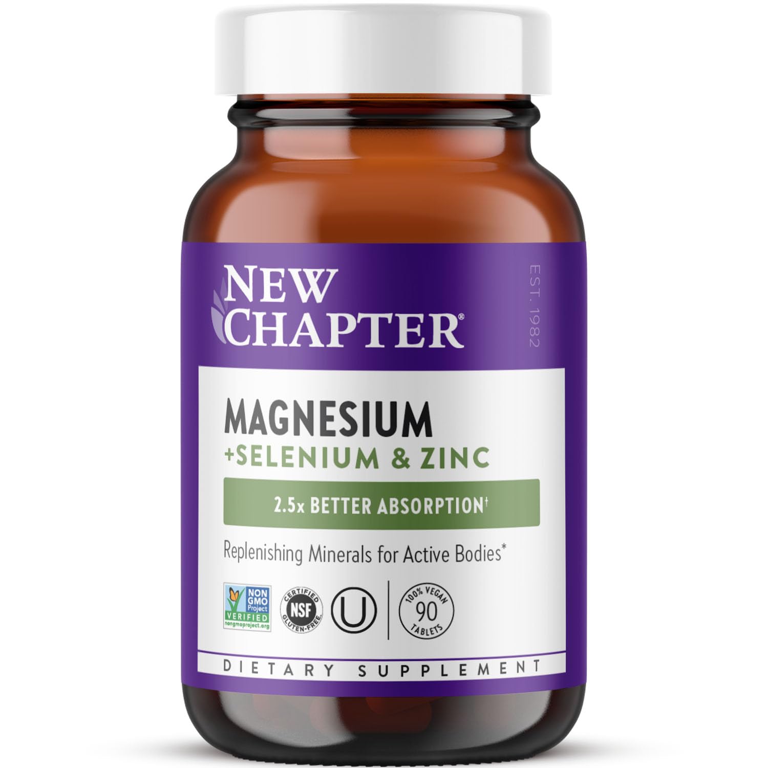 New Chapter magnesium-selenium-zinc supplement bottle shows a daily mineral boost for active lifestyles.