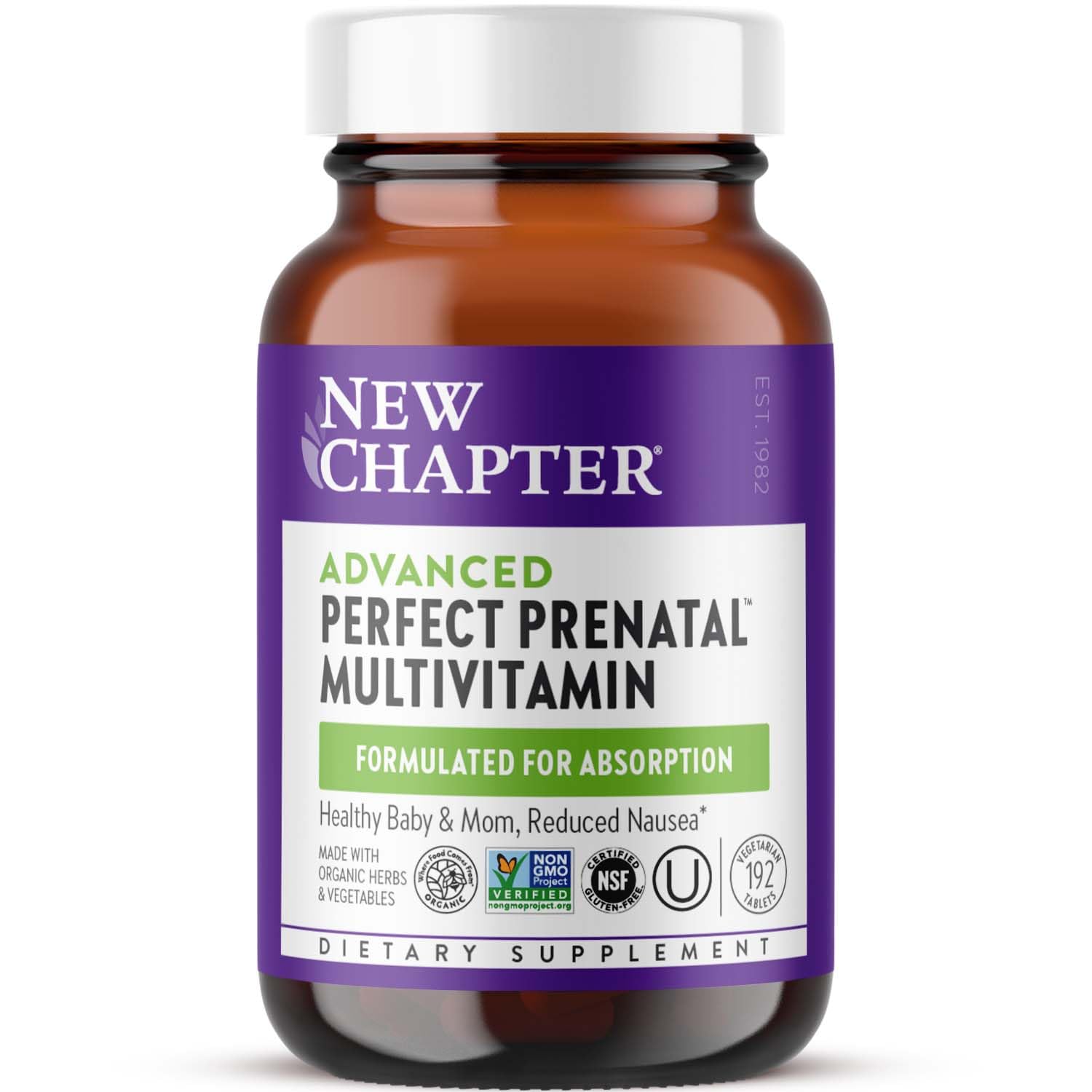 New Chapter Perfect Prenatal vitamin bottle with label on white background
