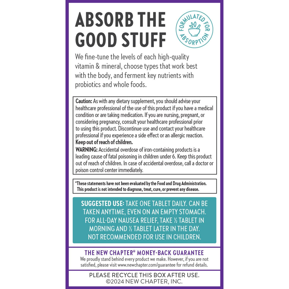 New Chapter Prenatal vegetarian and kosher certified packaging details.