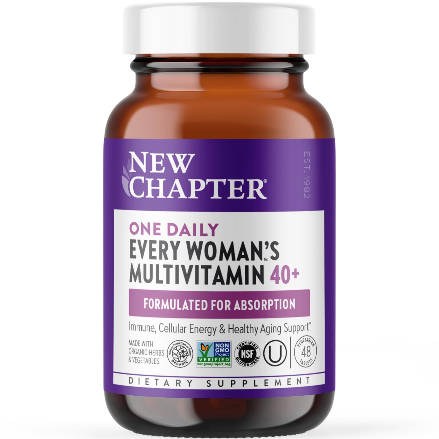 New Chapter Women's Multivitamin 40+ bottle on a shelf, supporting daily energy.