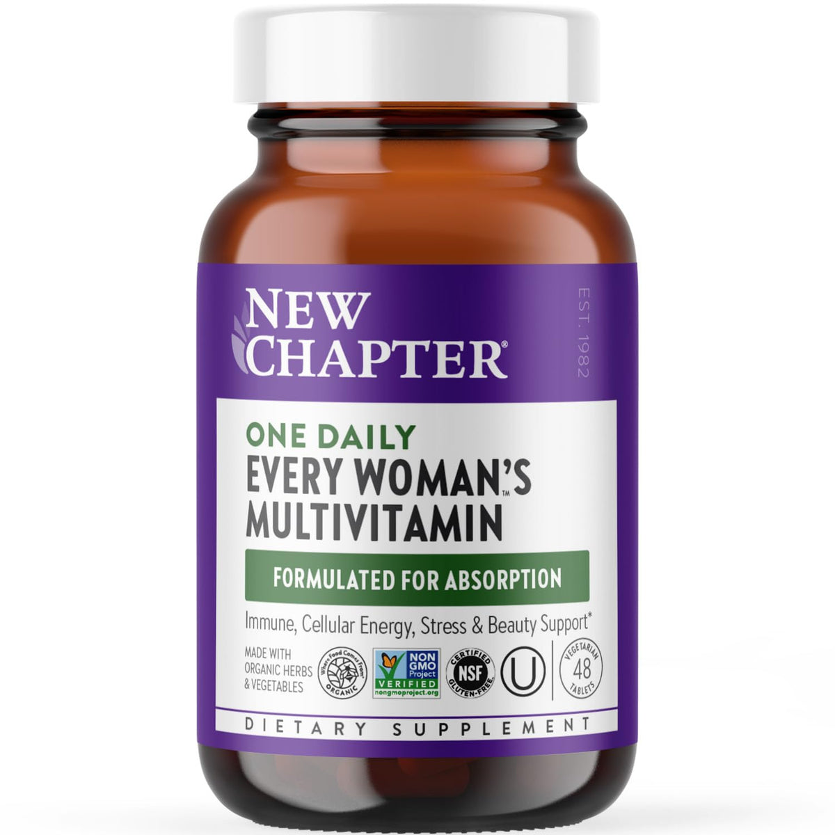 Bottle of New Chapter Women's Multivitamin showing immune, energy and beauty support