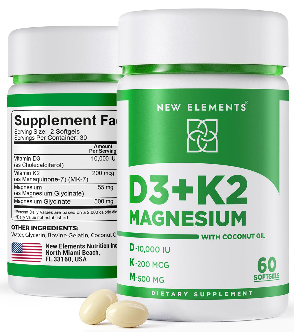 Front label of New Elements Vitamin D3 K2 softgels bottle