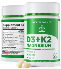 Front label of New Elements Vitamin D3 K2 softgels bottle