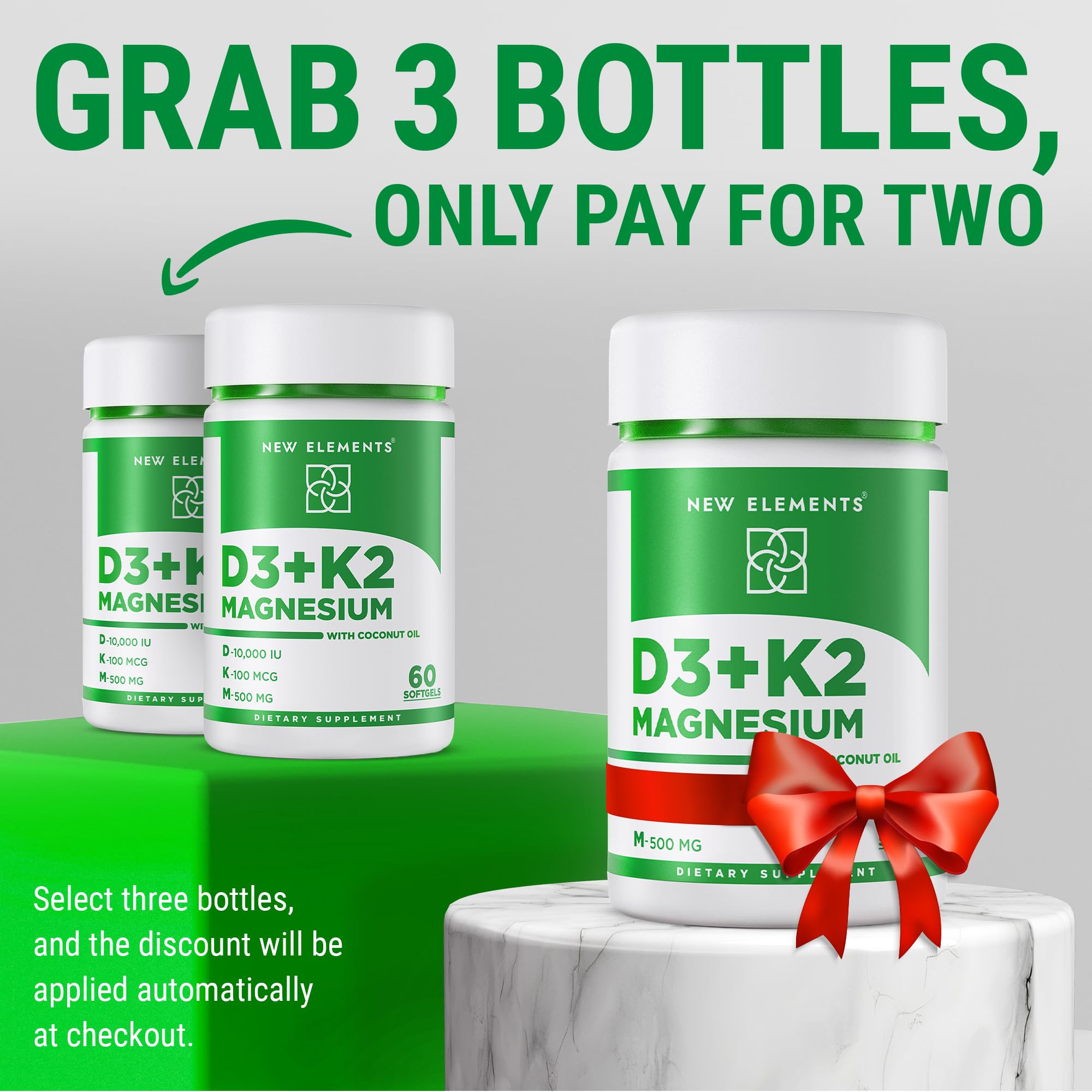 New Elements Vitamin D3 K2 with Magnesium Glycinate softgels in bottle