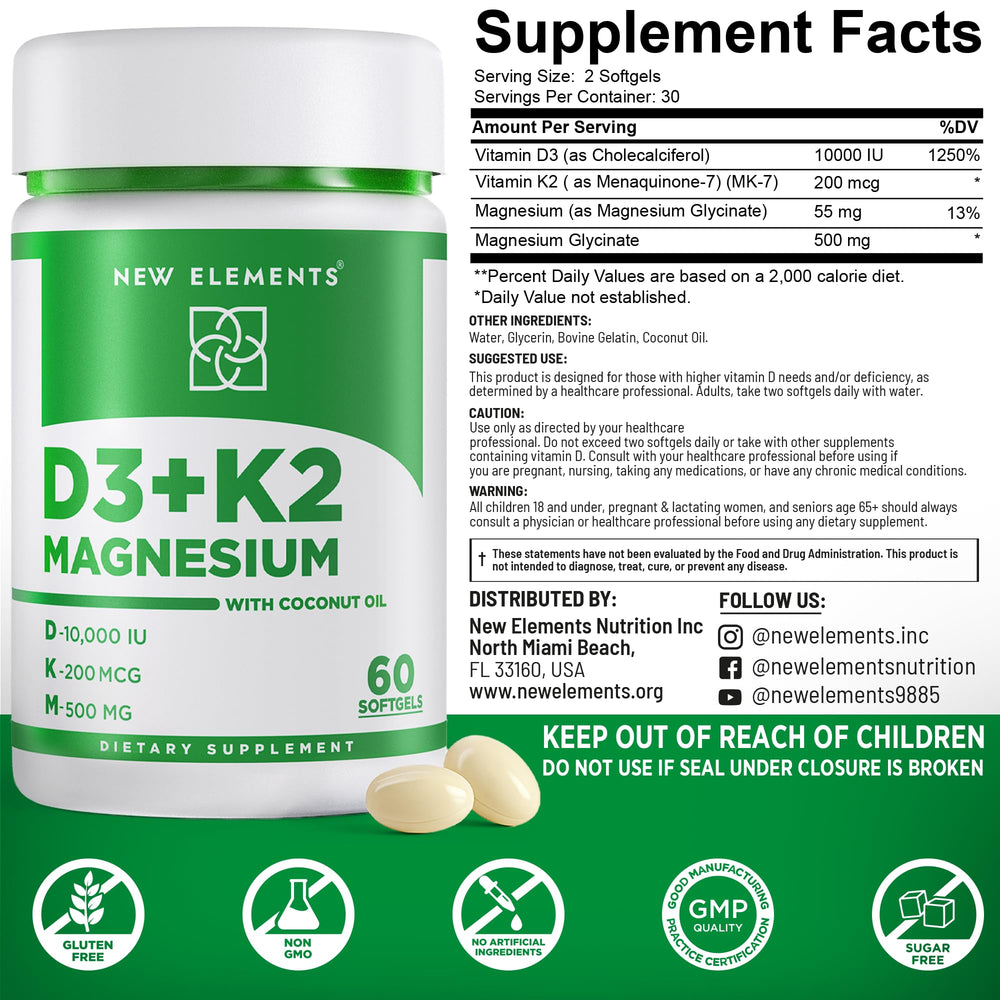 Supplement packaging showing Vitamin D3 and K2 benefits