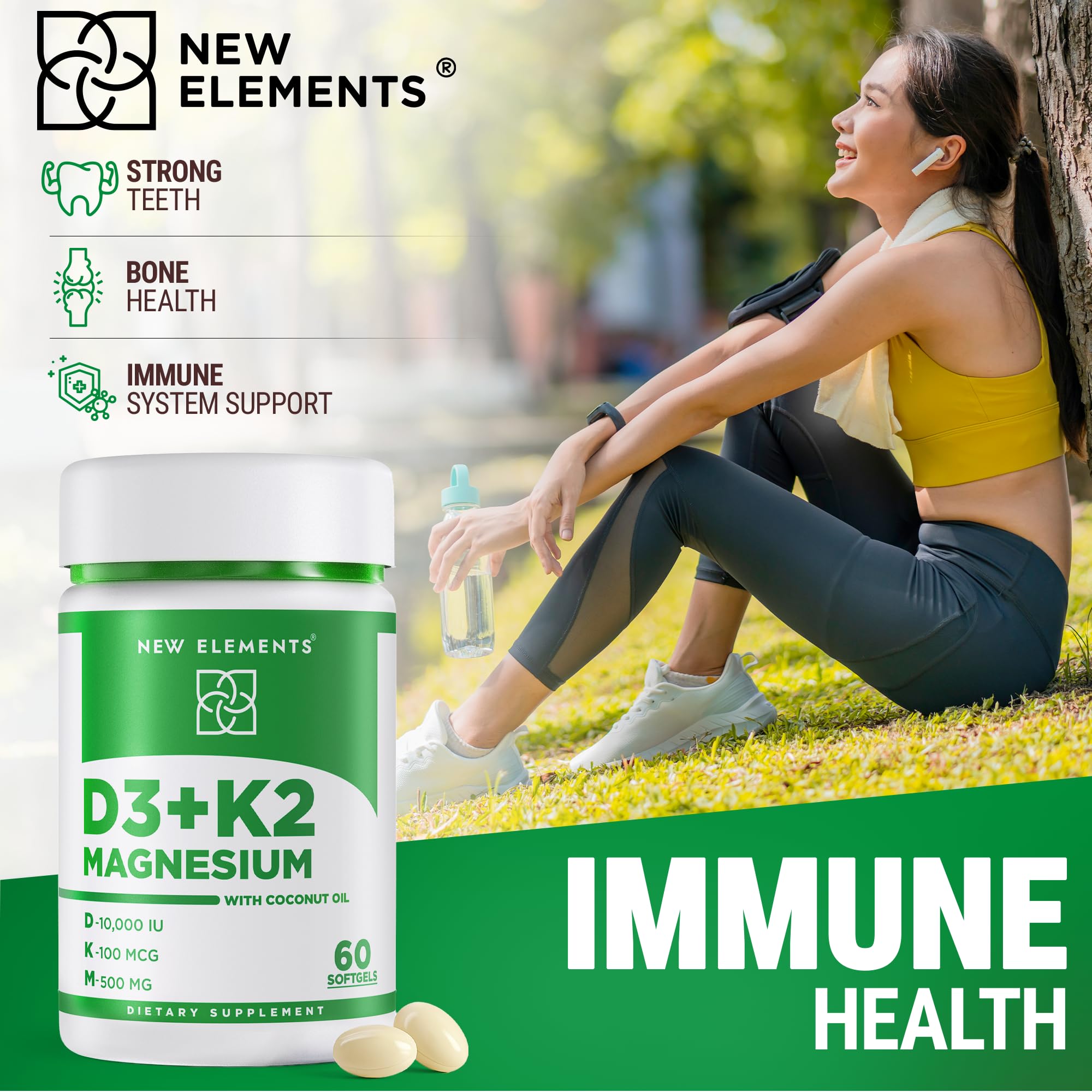 Back label with ingredients and directions on New Elements D3 K2 bottle