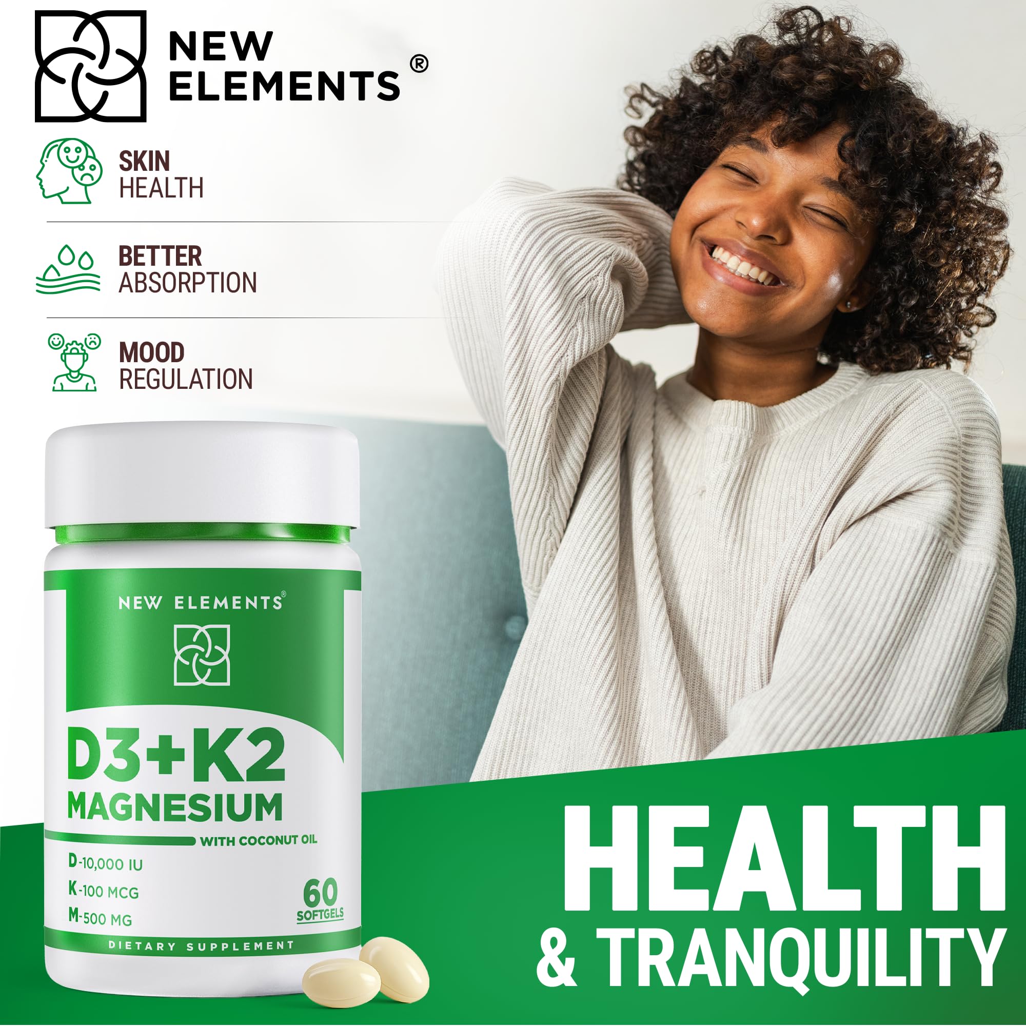 Lifestyle image of New Elements Vitamin D3 K2 bottle on table
