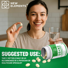 Seven softgels displayed for New Elements Vitamin D3 K2 supplement