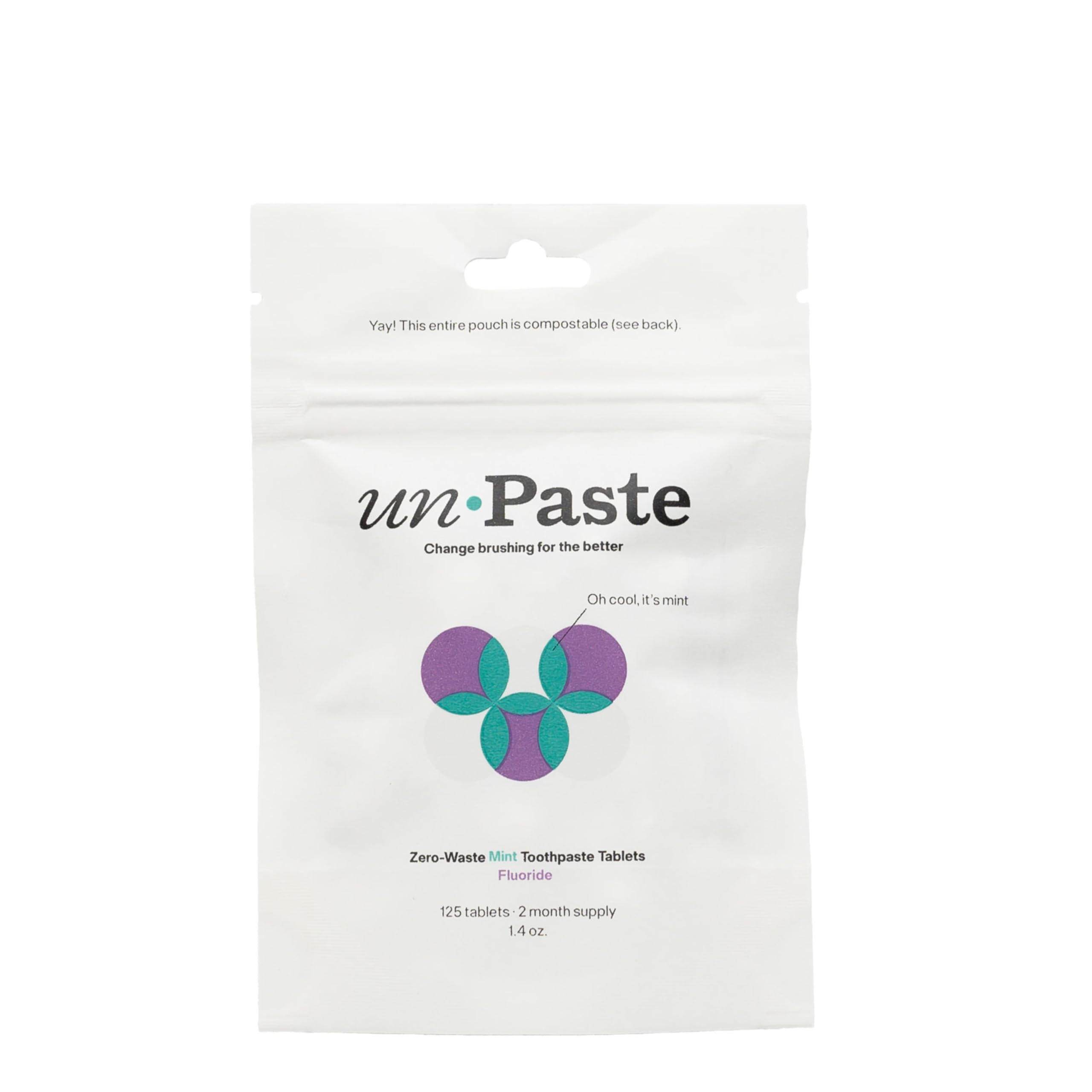New formula unpaste toothpaste tablets with fluoride mint in a resealable 125 count package