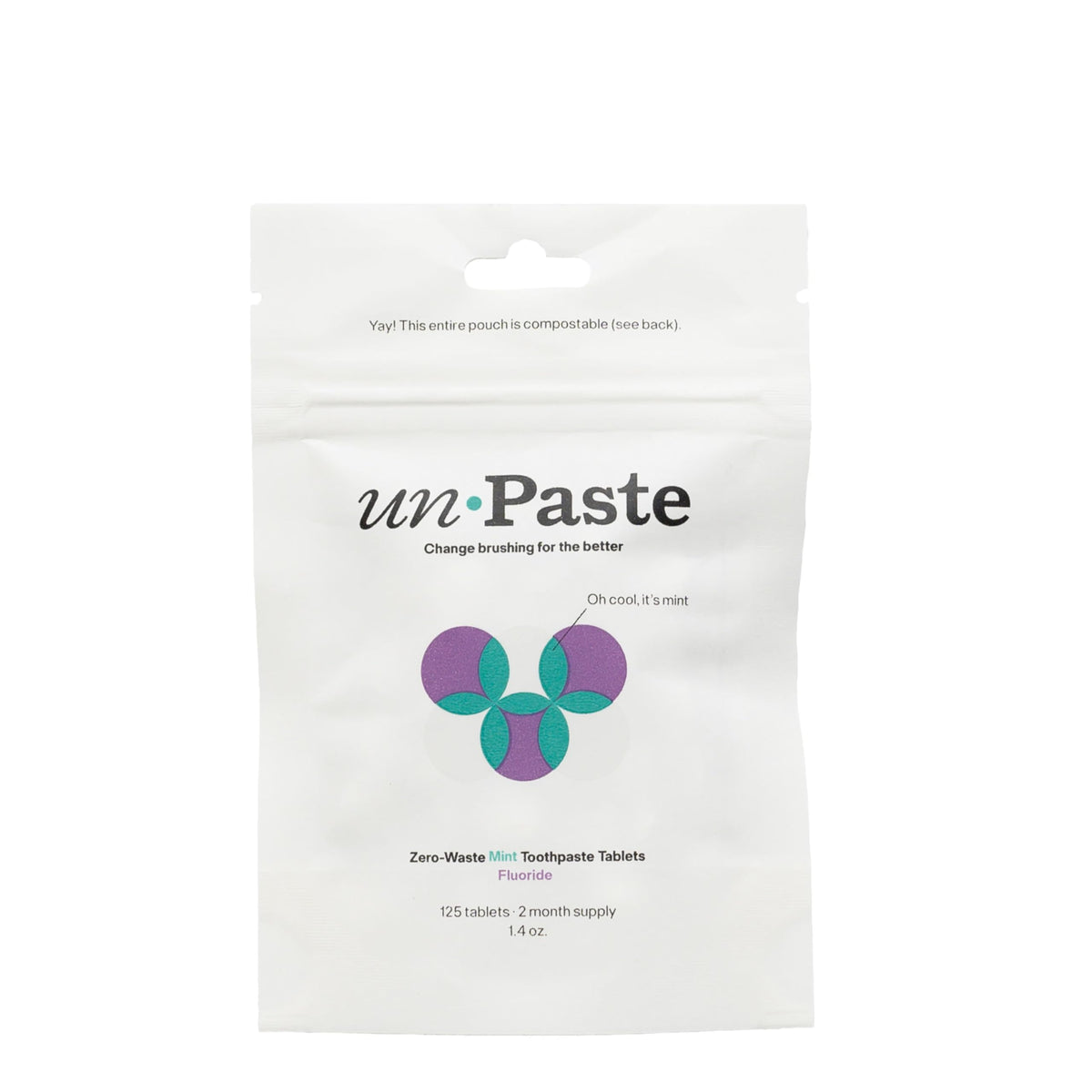 New formula unpaste toothpaste tablets with fluoride mint in a resealable 125 count package