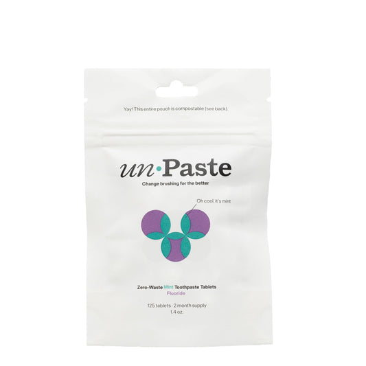 New formula unpaste toothpaste tablets with fluoride mint in a resealable 125 count package
