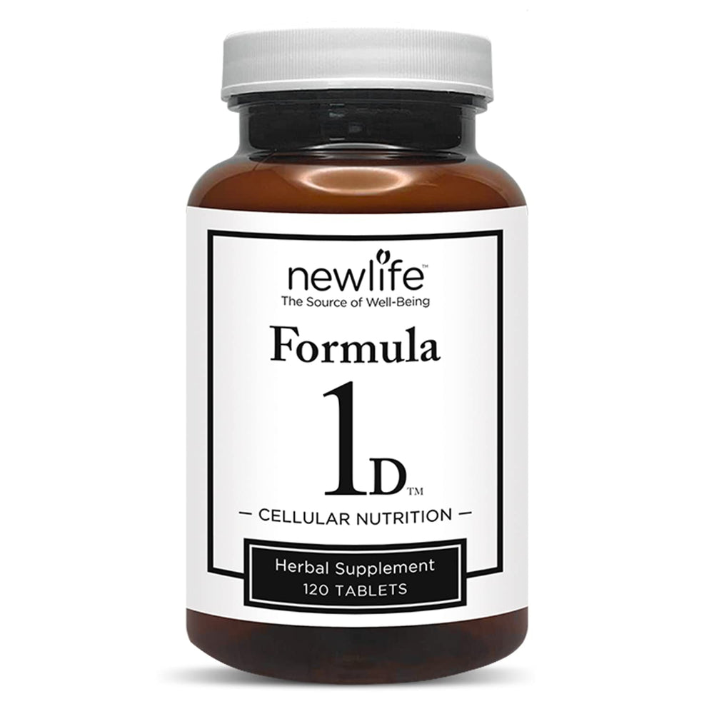 Bottle of New Life Formula 1D Blood Sugar Formula with herbal ingredients on a wooden surface