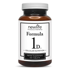 Bottle of New Life Formula 1D Blood Sugar Formula with herbal ingredients on a wooden surface
