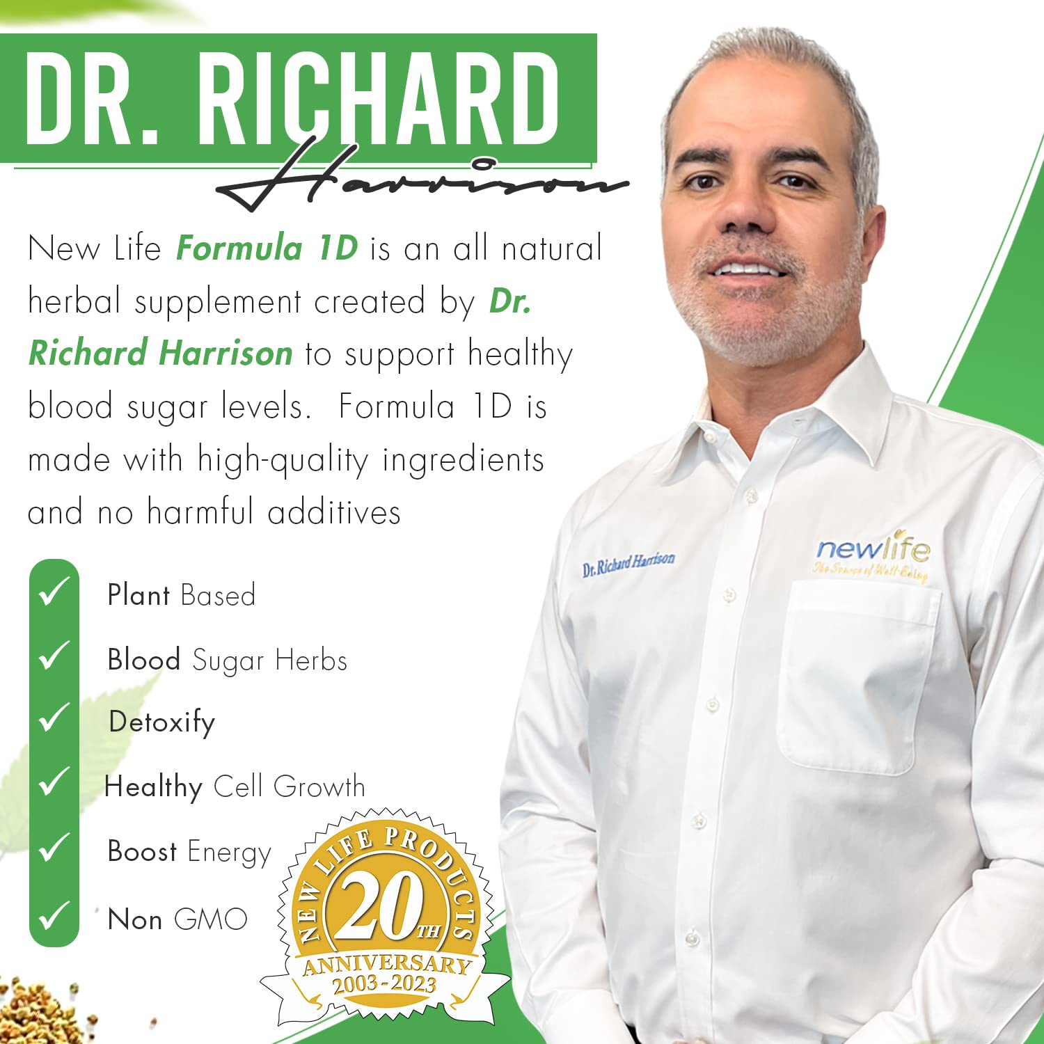 New Life Formula 1D capsules beside fresh herbs and plants