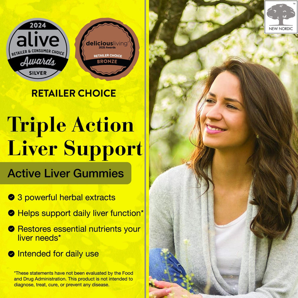 New Nordic Active Liver Gummies bottle side view highlights vegan, sugar-free formula.