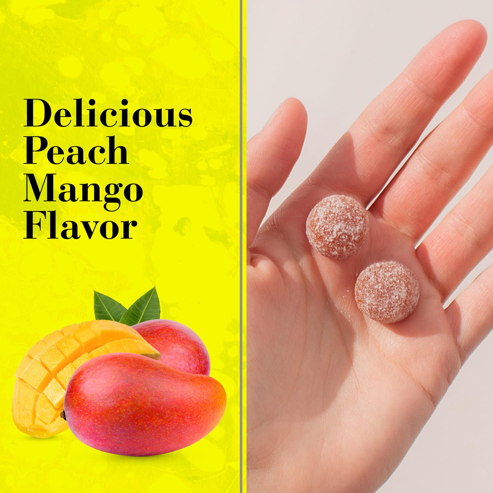 New Nordic Active Liver Gummies close-up shows peach mango flavor texture.